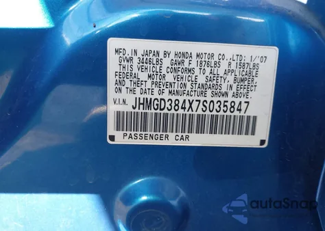 2007 Honda Fit z USA, uszkodzony, nr VIN JHMGD384X7S035847